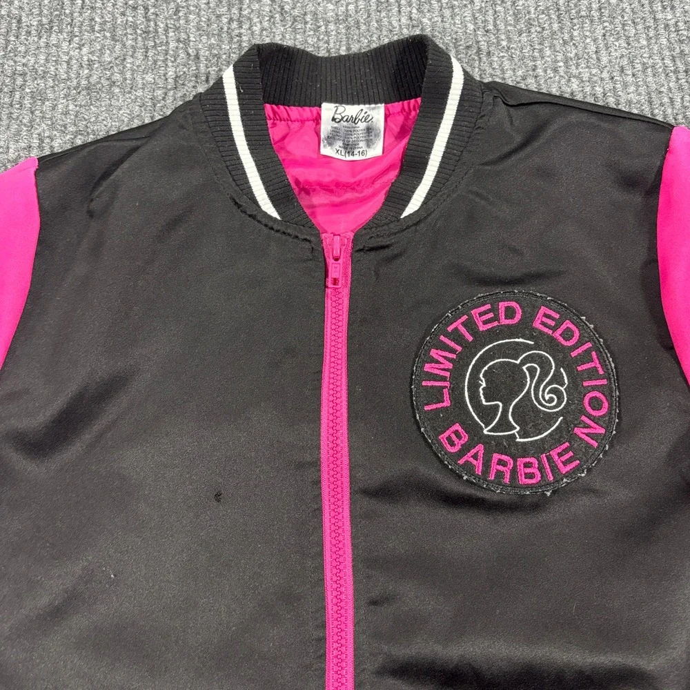 Barbie Bomber Jacket Kids XL (14-16) Black Pink Limited Edition Varsity Zip Up